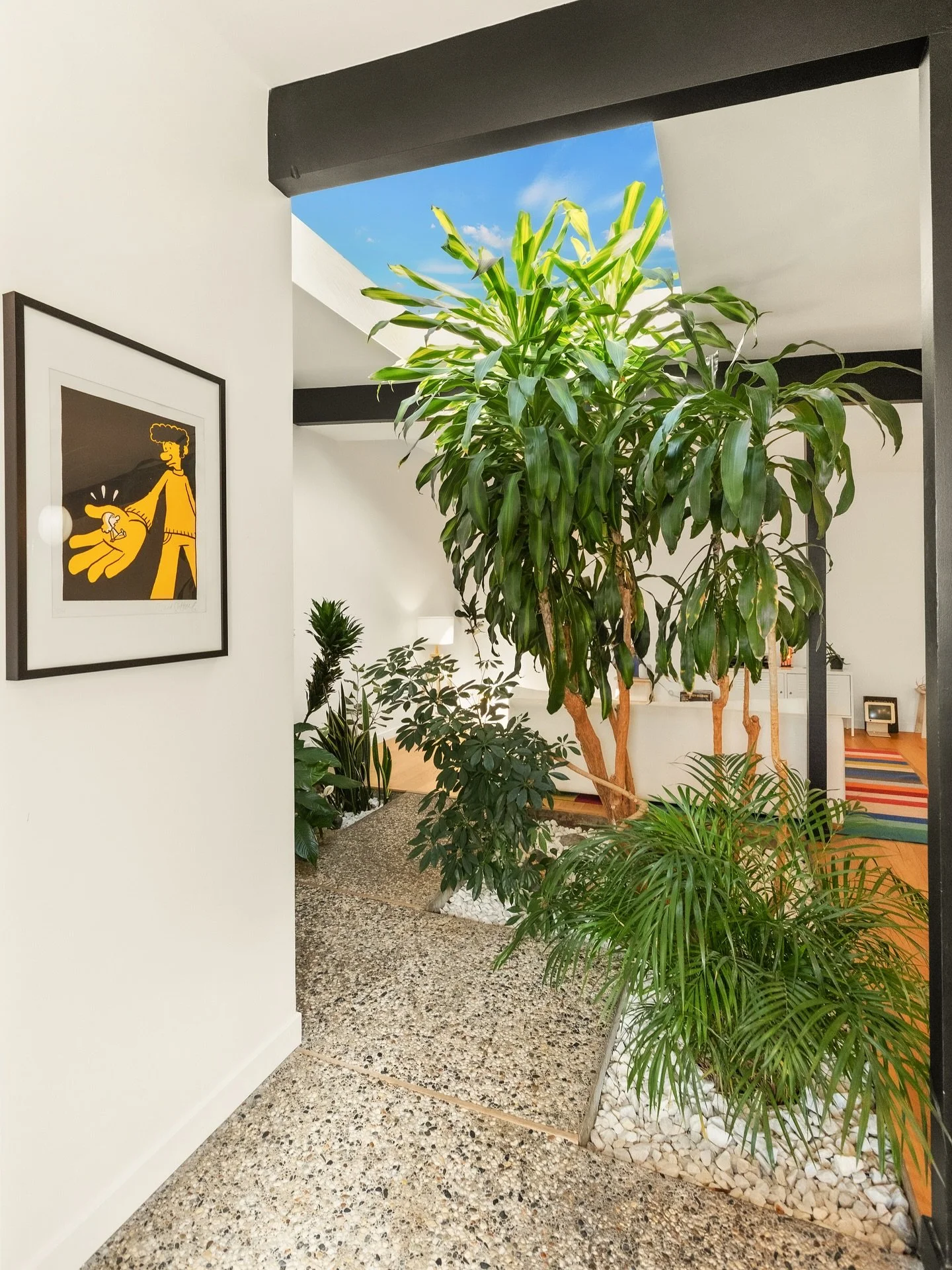 New on the market ✨ A beautifully reimagined Mid Century Modern halfplex by the iconic Streng Bros and architect Carter Sparks. Featuring a lush indoor atrium with original concrete aggregate and massive skylight, custom stylish kitchen, terrazzo Zia