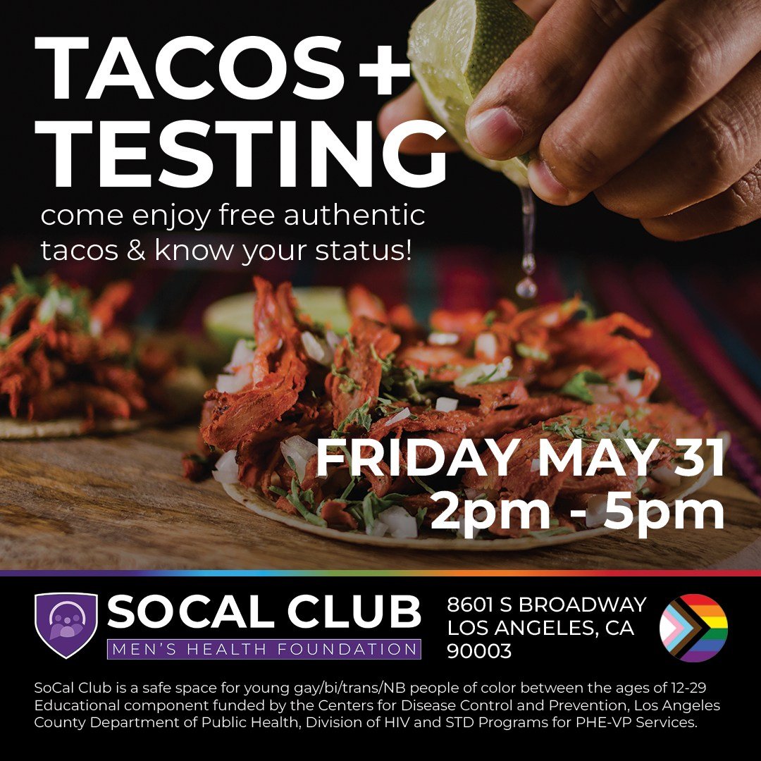 With Pride around the corner, you ought to know your status! 👍 Come enjoy tacos and get tested in two weeks! 💜

#tacos #testing #sexualhealth #socalclub #gaysouthla #southla #freetacos #knowyourstatus