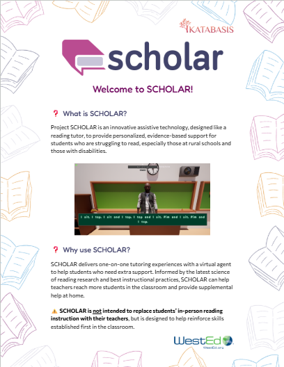 An image of the SCHOLAR manual, which includes startup and help guides related to the technology.