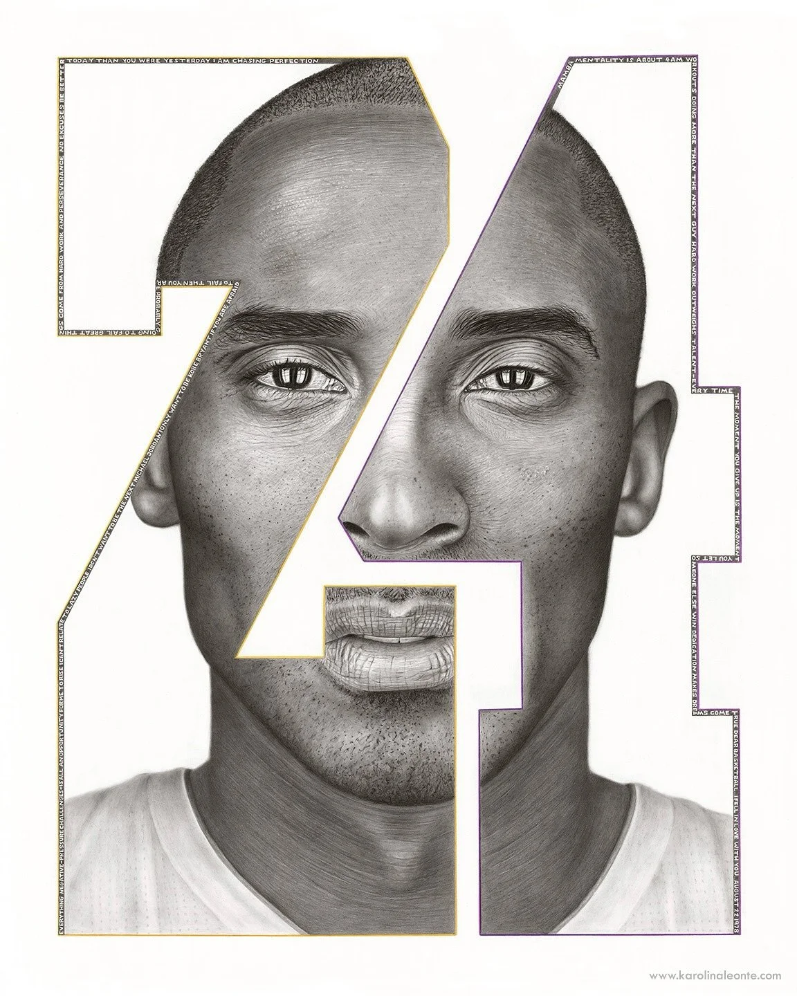 “KOBE, MAMBA MENTALITY”
As you look closer, his most meaningful quotes appear throughout the number 24!
My 2nd rendition of Kobe.
Graphite, charcoal & oiled color pencil on archival paper.
36”x30” inches 
Quotes I used: