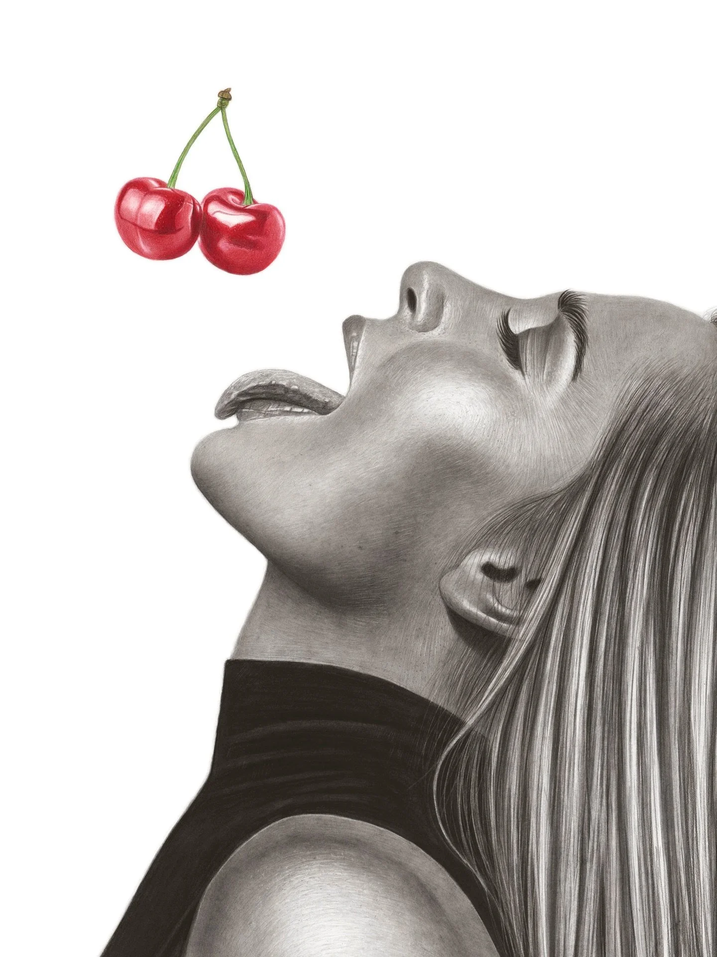 CHERRY POP
A cherry glows 
upon your lip, 
ruby promise, 
gentle drip. 
Just one look, 
and I can see&mdash; 
you&rsquo;ve made a game 
of tempting me.
I&rsquo;d trade all things 
to taste that hue, 
and let myself 
fall into you.
The fruit is ripe, 