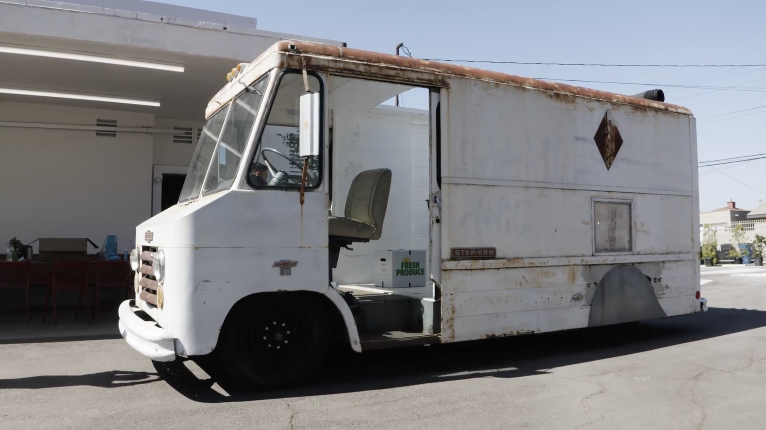  Crenshaw Dairy Mart Co-founder noé olivas,  domingo  (2012 - present); 63 sq. ft. 1967 Chevy Step-Van break-truck and rolling social sculpture. 6’2” x 10’3” x 7’2”. Image courtesy of Crenshaw Dairy Mart. Photographed by Filmblacktivist (@filmblackti