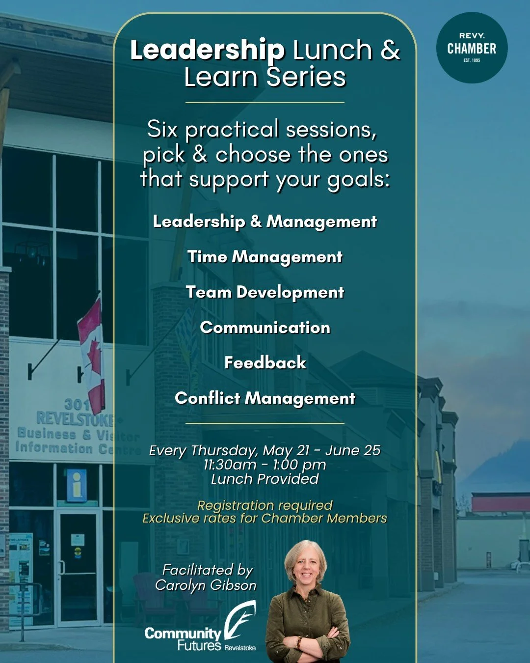 Are you eating lunch right now? In a couple weeks, you could be eating lunch while  also building stronger leadership skills! 

In partnership with Community Futures Revelstoke and facilitated by Carolyn Gibson, our Leadership Series offers six hands