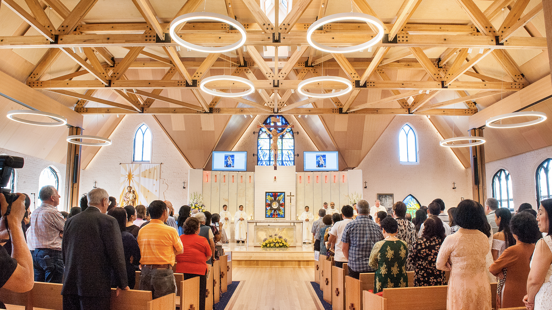 Following a devastating fire in 2007 which destroyed all but the exterior masonry walls, the Church was rebuilt in a modern but sympathetic manner.