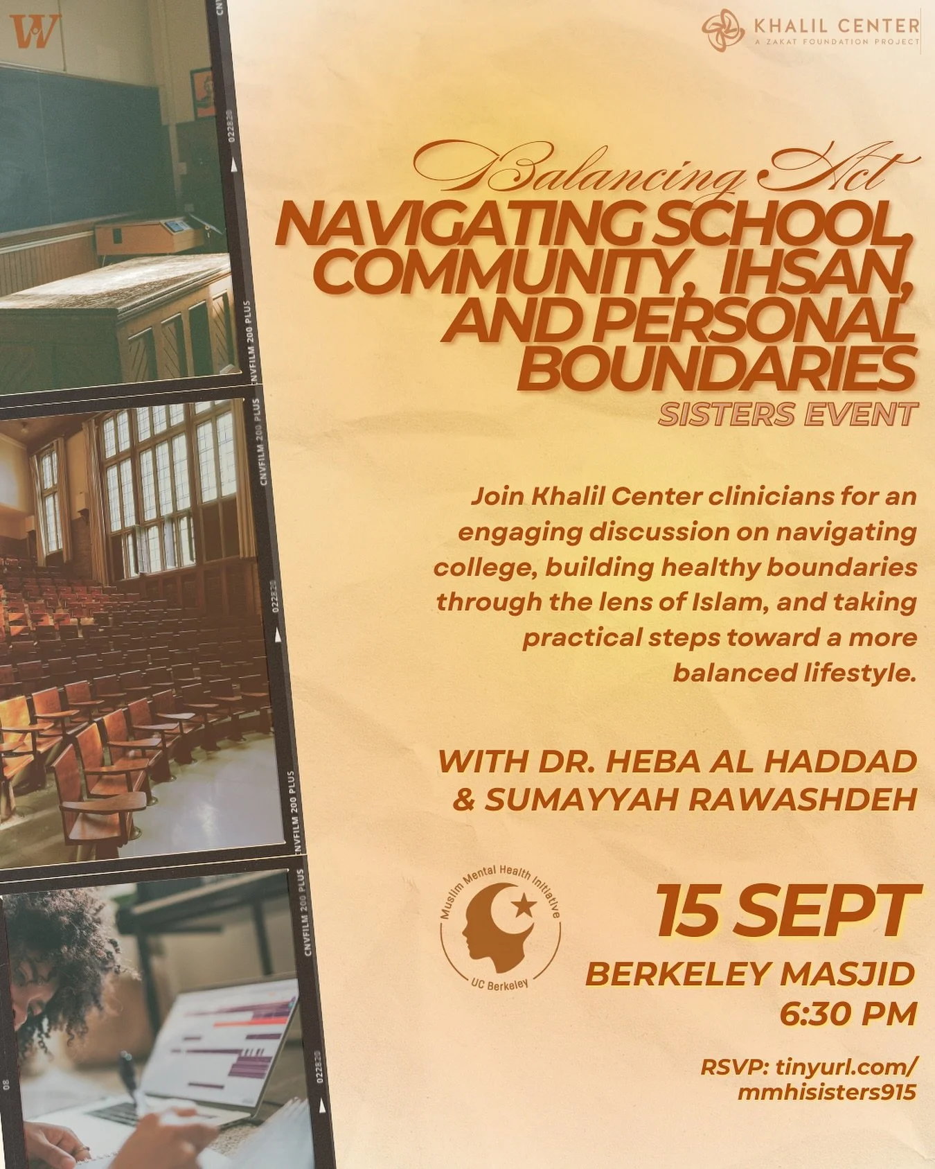 Summoning SISTERS 🌟

Join us for MMHI&rsquo;s first SISTERS EVENT of the year! We&rsquo;ll have a discussion about navigating school, community, ihsan, and personal boundaries. 

Most importantly, @khalilcenter clinicians Dr. Heba Al-Haddad and Suma
