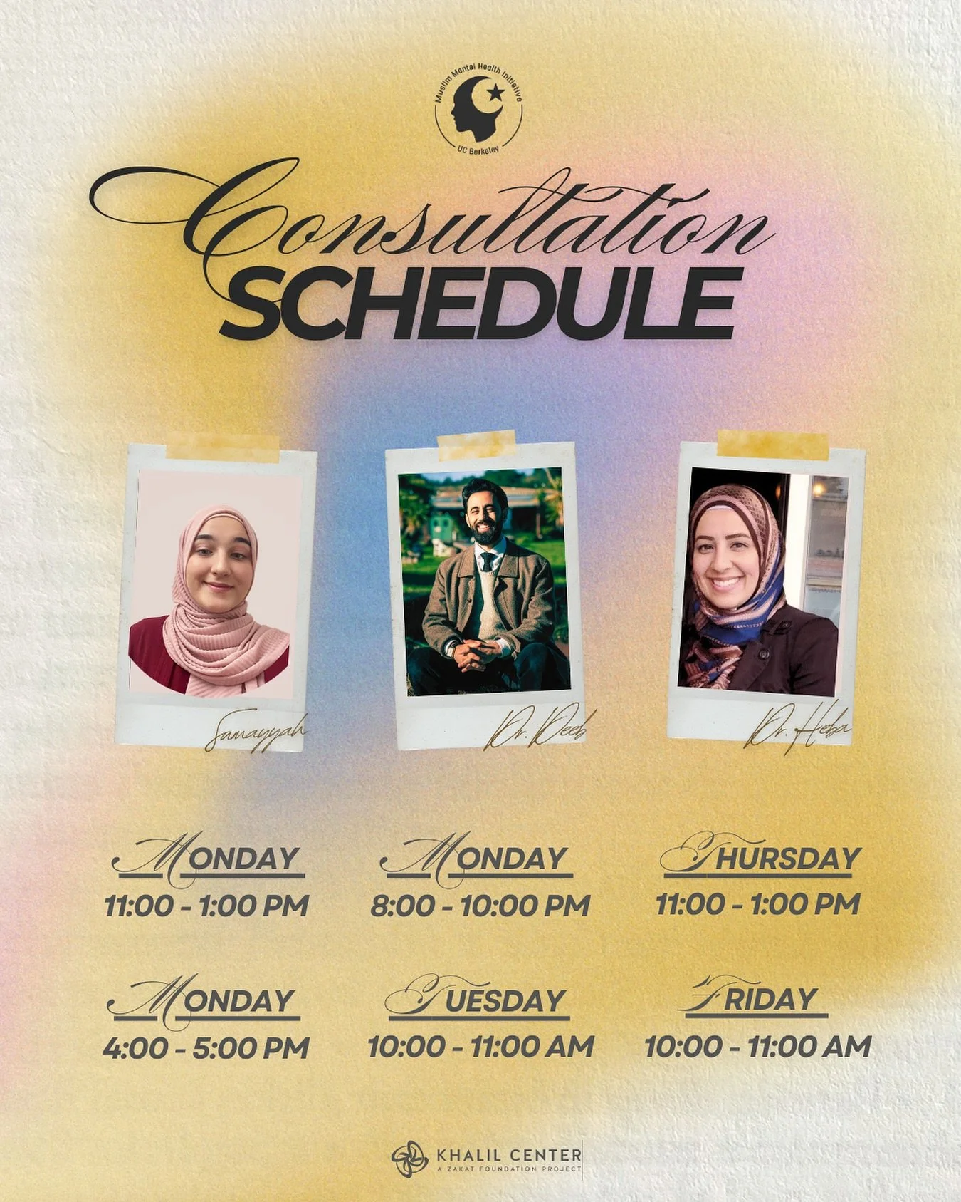 *Official Consultation Hours Are Here! 📢🌟

The Prophet said: &ldquo;Indeed, the body has a right over you.&rdquo; (Bukhari) ❤️&zwj;🩹

The Muslim Mental Health Initiative (MMHI) is offering free, confidential consultations with licensed clinicians 
