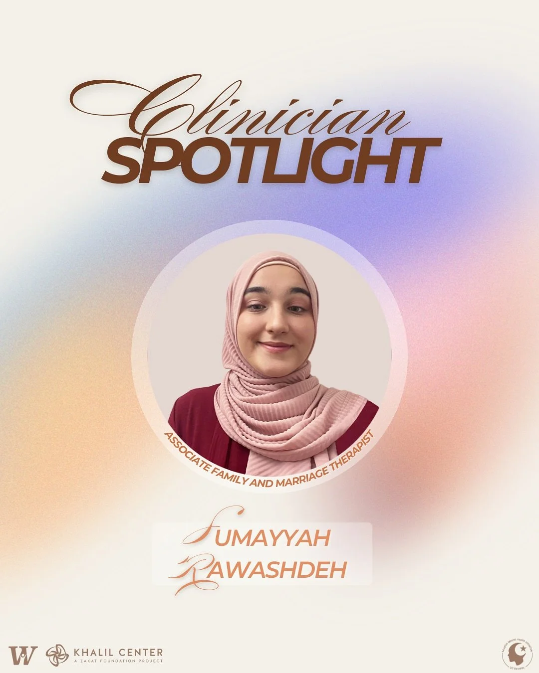 ✨💡Clinician Spotlight: Sumayyah Rawashdeh 💡✨

Sumayyah is an Associate Family and Marriage Therapist at @khalilcenter. 

Life stressors and changes don&rsquo;t have to be faced alone! Sumayyah offers compassionate, culturally attuned therapy to hel