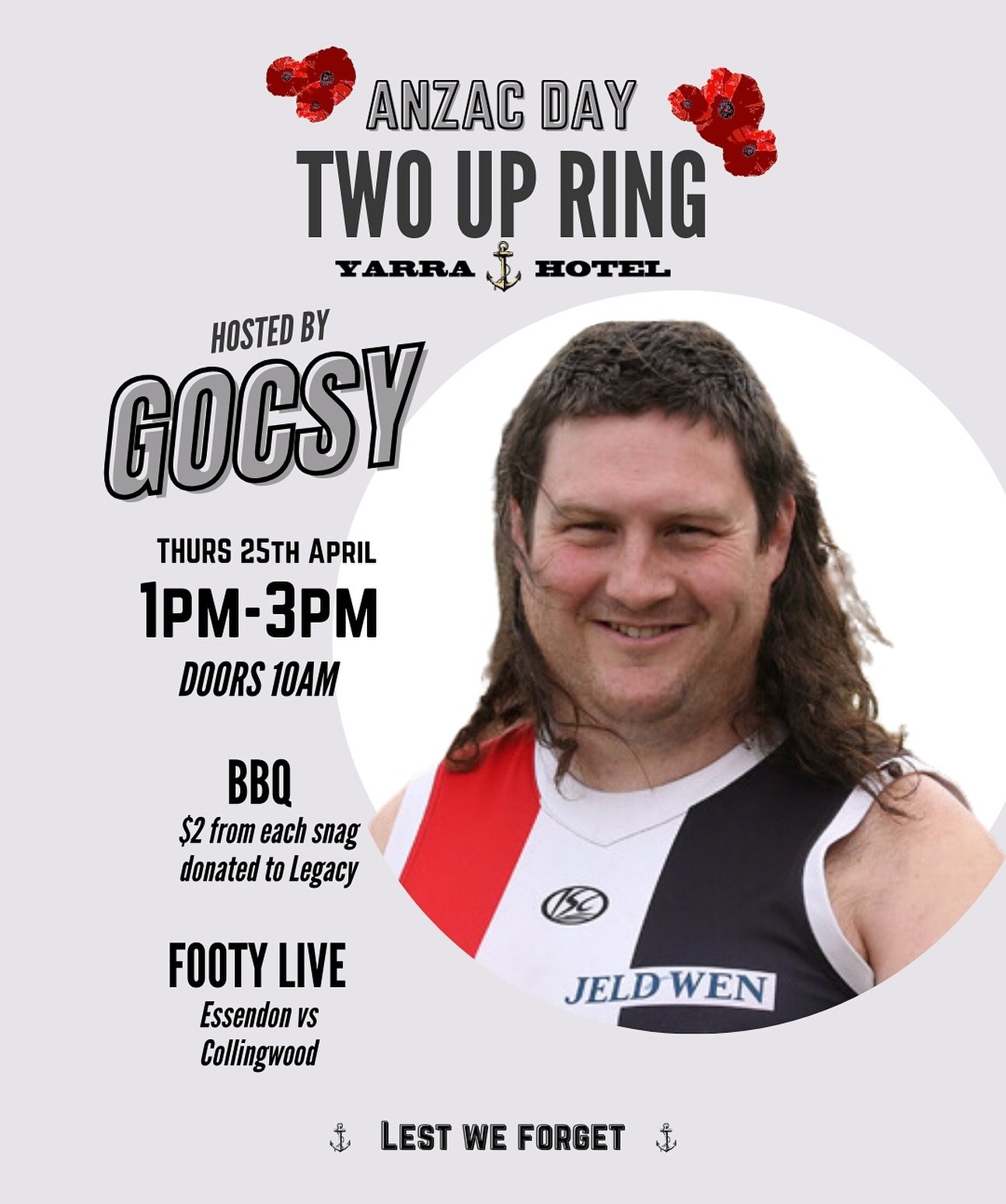 Join us next week on Anzac Day for a jam packed afternoon. We&rsquo;ve got a Two Up ring, hosted by @aarongocs from 1-3pm, BBQ to raise donations for Legacy and of course the footy will be on 🙌🏽
Doors open 10AM.
Bookings essential! via our website.