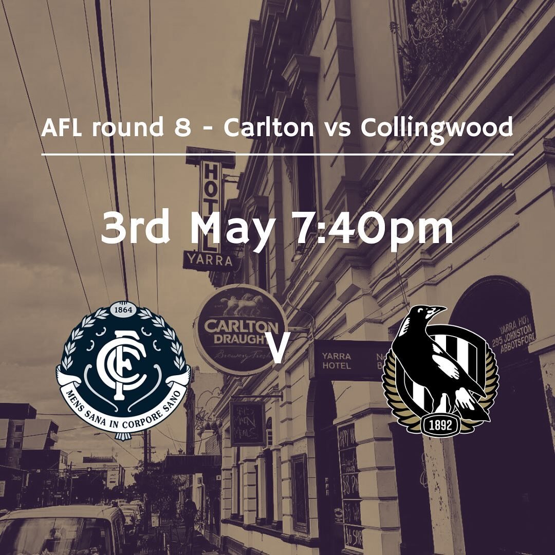 The biggest and longest-lasting rivalry in footy. 
264 games across VFL/AFL. 
Collingwood 131 wins
Carlton 129 wins
4 draws 
This should be one of the games of the season! And we&rsquo;ll be showing it live on our big screens. 
Reserve a spot: bookin