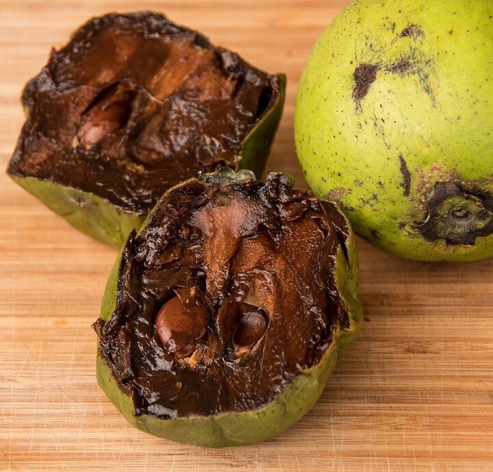Is this chocolate? 🍫 No it's a fruit! 
Can you guess the name and where this tropical fruit originated? 🌎🌞

When fully ripen the fruit is soft, rich and somewhat sweet. It is best mashed with a little orange, lemon or lime juice and chilled before