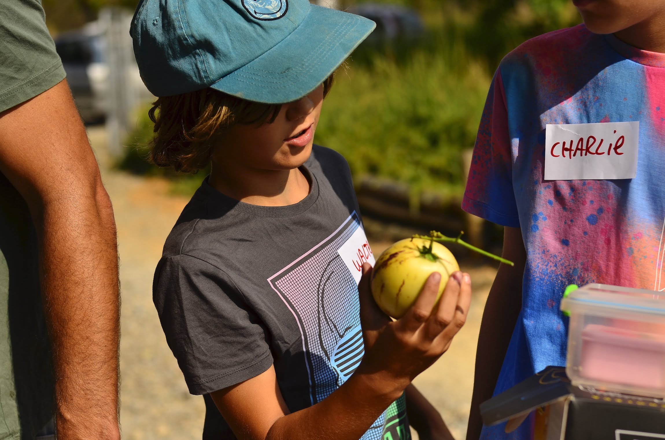 A young visitors holding a melon pear