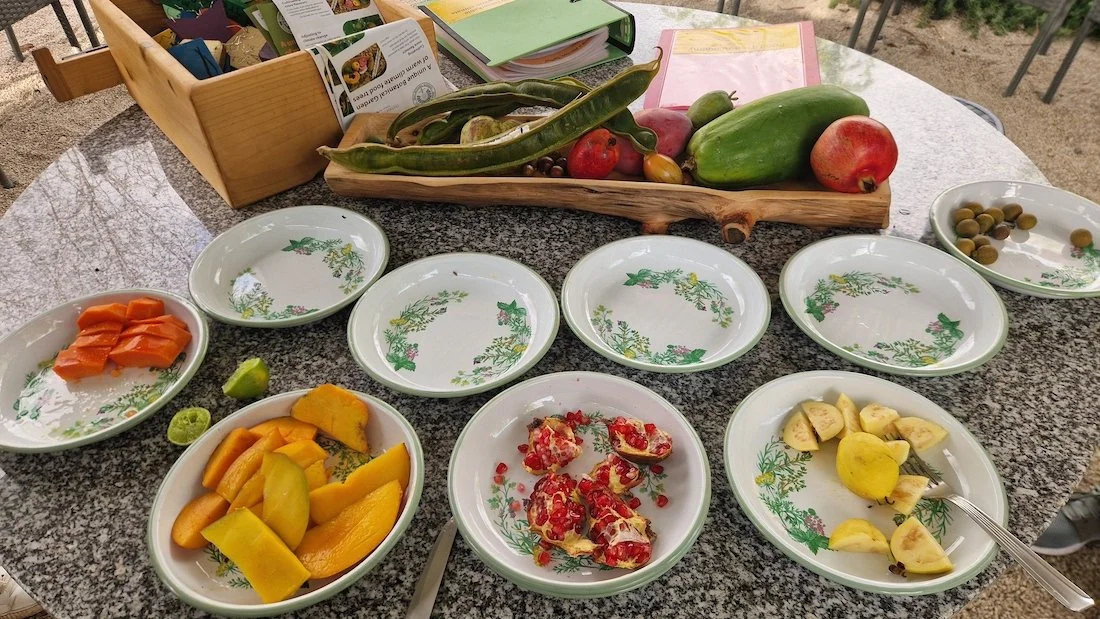 Tasting freshly harvested fruit: Papaya, Mango, Pomegranate, Guava and Longan