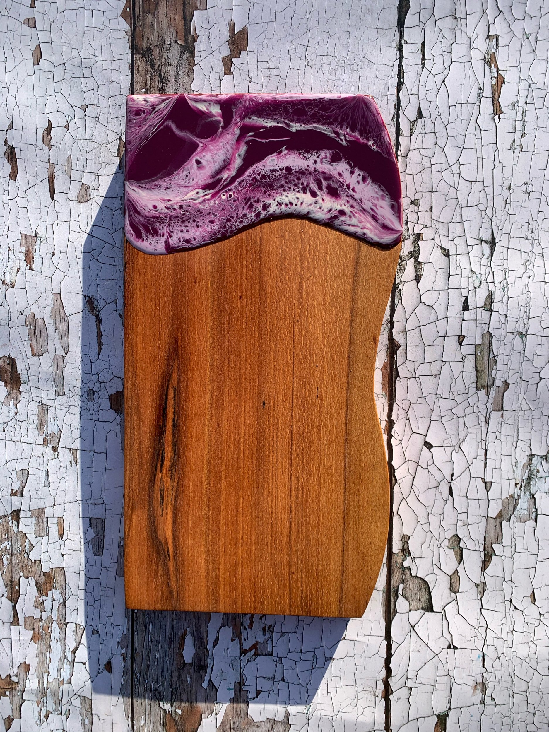 Handcrafted solid beech wavy edged cheese board with resin flow art by resin artist Fiona Scott