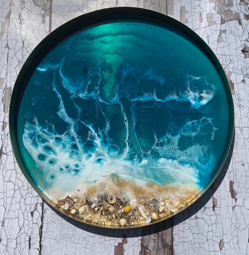 Resin and metal ocean inspired serving tray by resin artist Fiona Scott