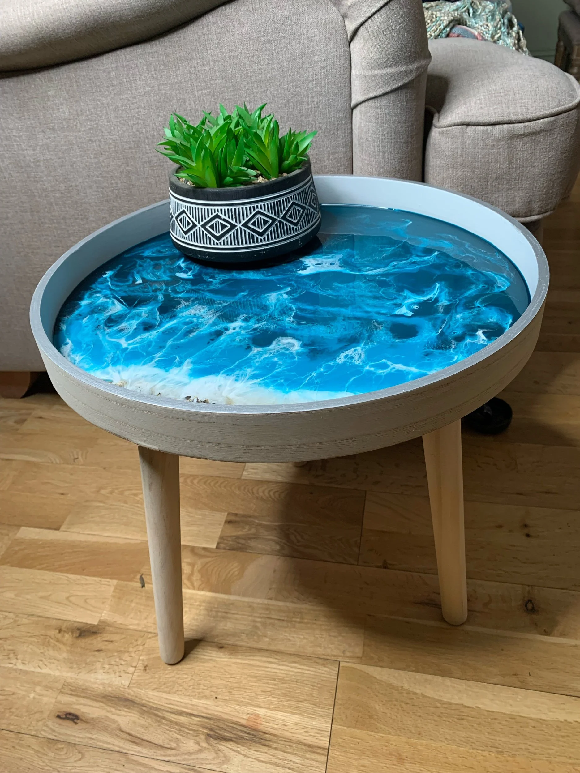 Small ocean inspired resin side table by resin artist Fiona Scott