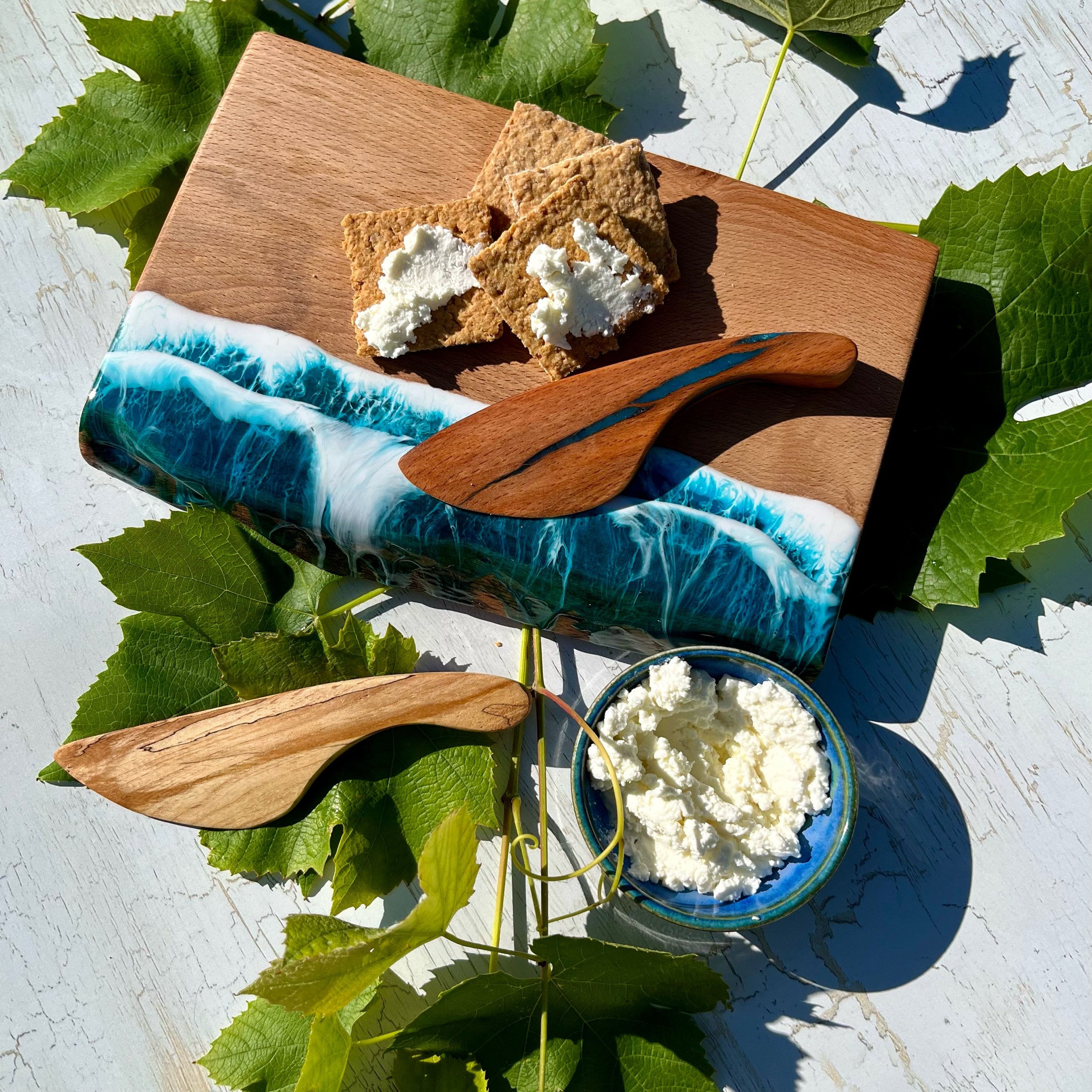 Handmade Irish beech cheese board with ocean inspired resin art