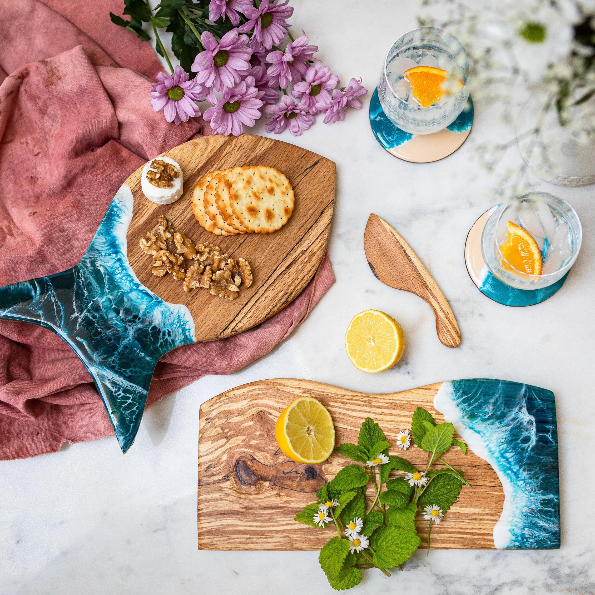 Cheese and serving boards by resin artist Fiona scott