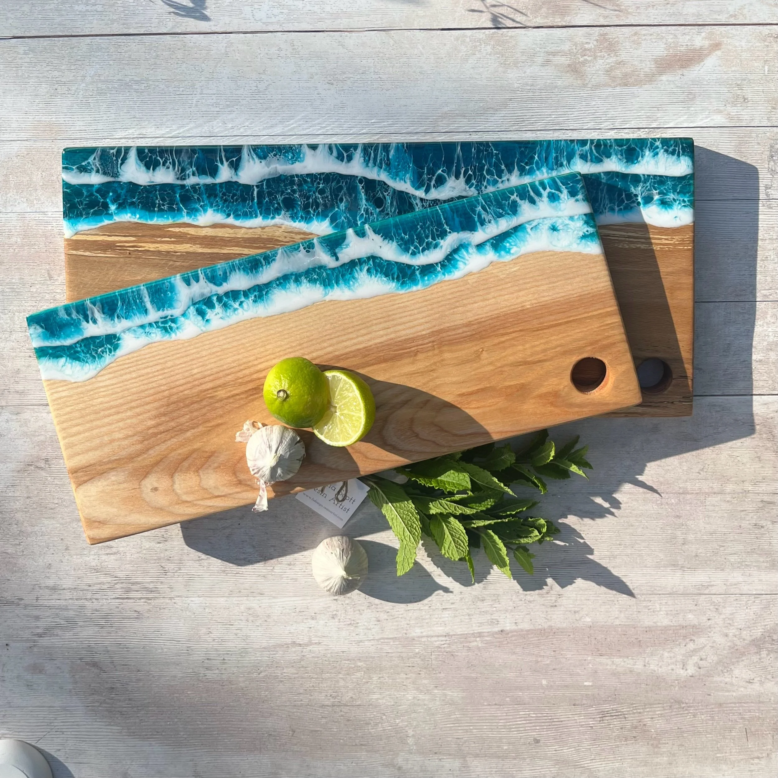 Classic Wave  Rectangular  Wooden Cheese or Chopping Board - with ocean inspired resin waves
