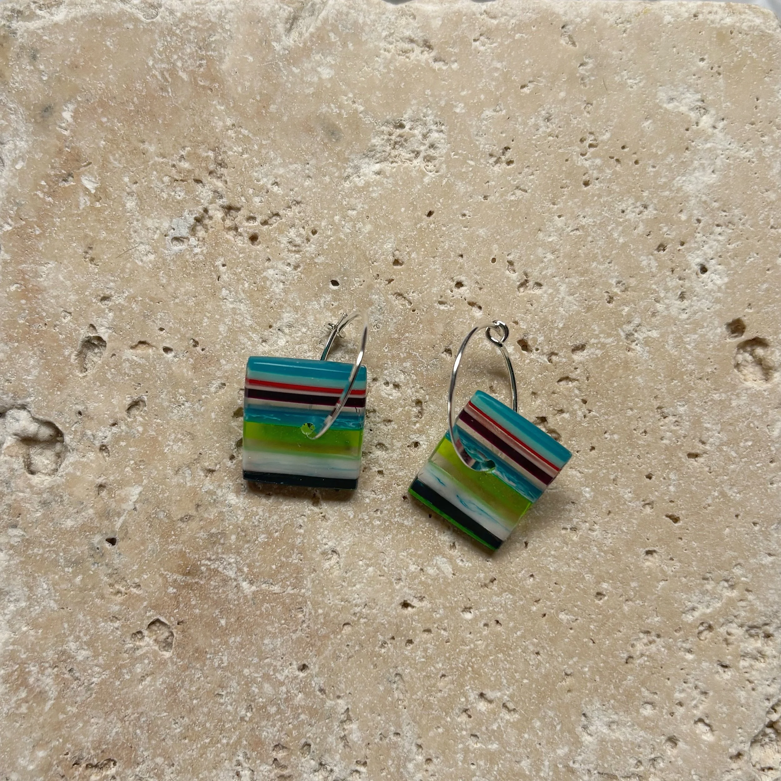 Recycled resin earrings on silver hoops