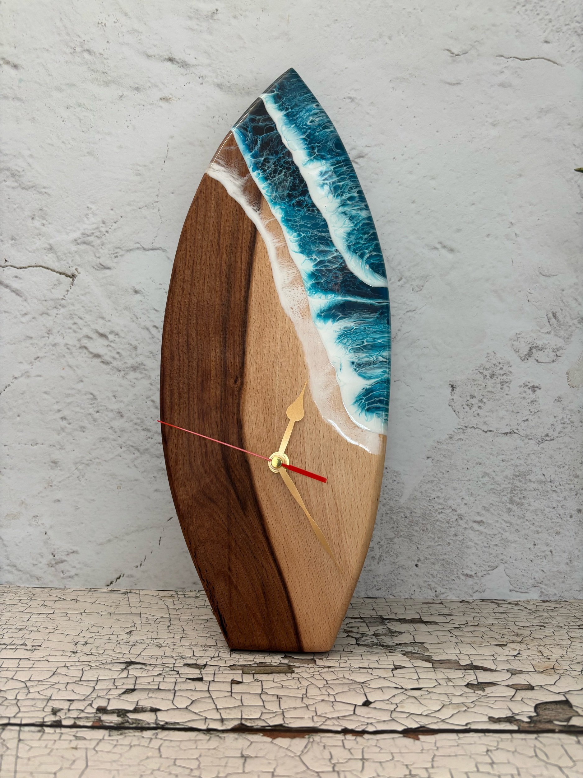 small handcrafted surf board style wood and resin clock