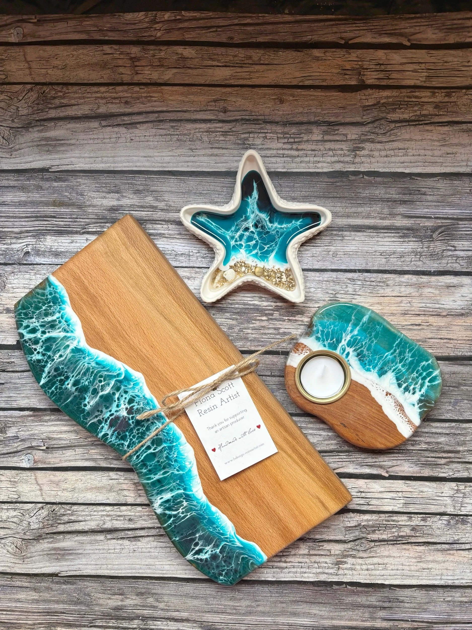 Housewarming Gift Bundle (€145.00) featuring a wavy edged cheese board and two homewares. choose trinket tray or coasters with coasters. Save when bundled