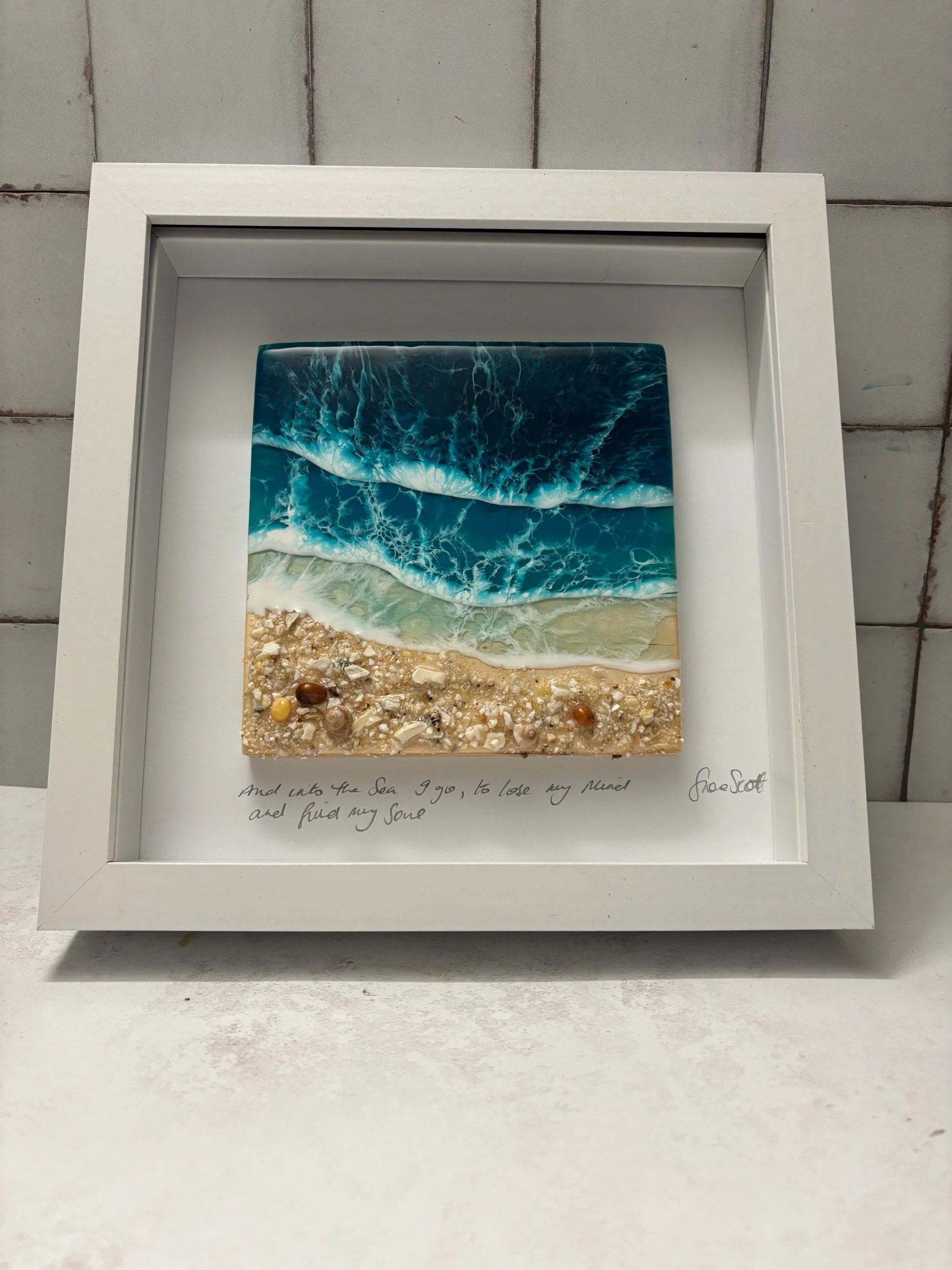 Handcrafted ocean resin wall art inspired by the wild atlantic way. framed costal beach artwork with realistic waves and shell detail. Perfect for modern coastal home decor