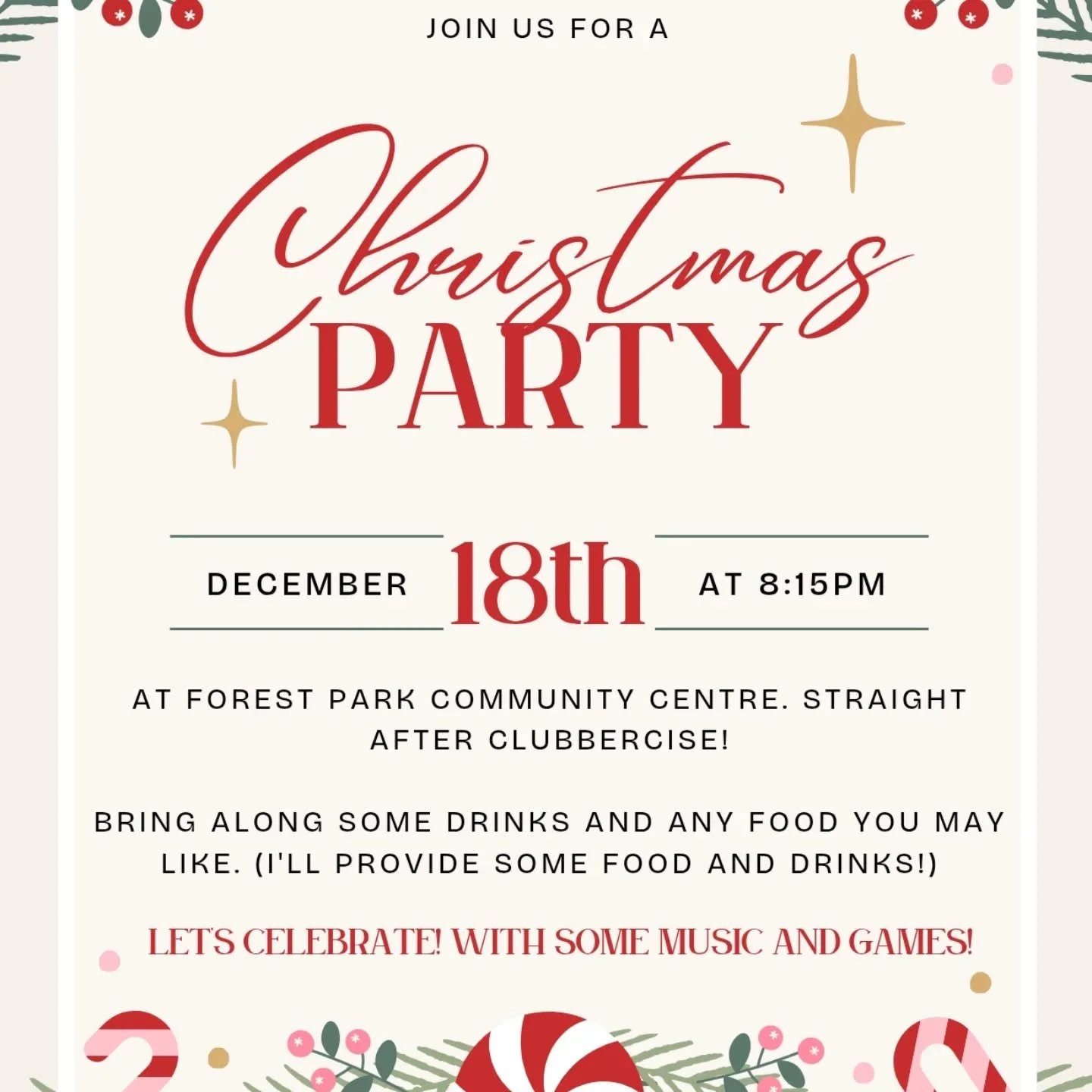 One week until our Christmas party!

Remember you are all invited and you don't need to attend Clubbercise before, you can come and join us at 8.15pm straight after the class 🎄🥂

Bring some drinks and any food you may like. (I'll provide some drink