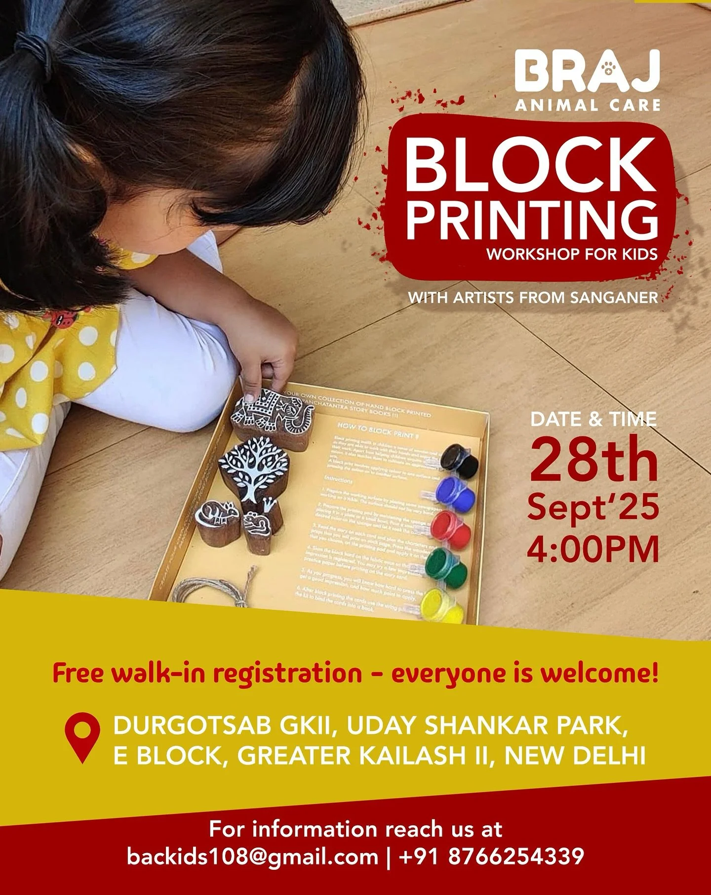 🎨✨ Join us for a fun Block Printing Workshop for kids!
Discover the art of Sanganer hand blocks, create your own prints, and enjoy a creative afternoon with Braj Animal Care.
📅 28th Sept ’25 | ⏰ 4 PM
📍 Durgotsab GKII, Uday Shankar Park, E