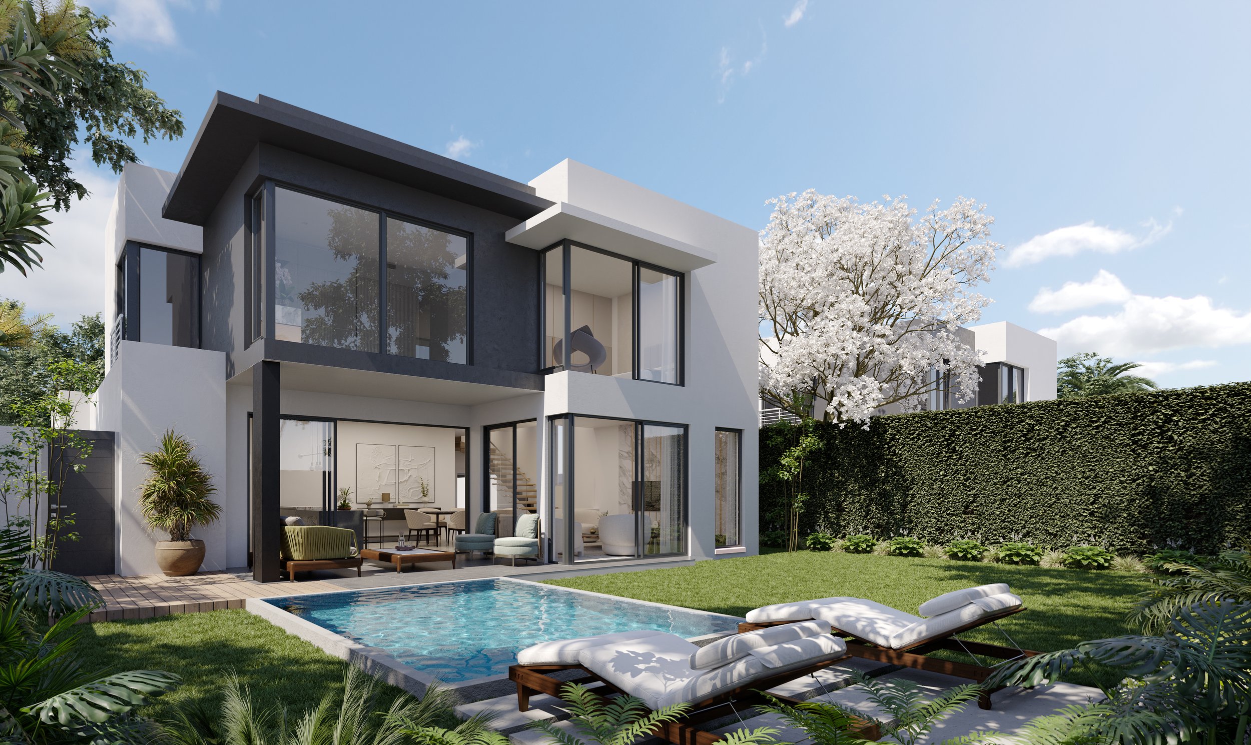 River lane Modern two-story house with large glass windows, outdoor living area, swimming pool, lounge chairs, green lawn, flowering tree, and lush landscaping under a blue sky.