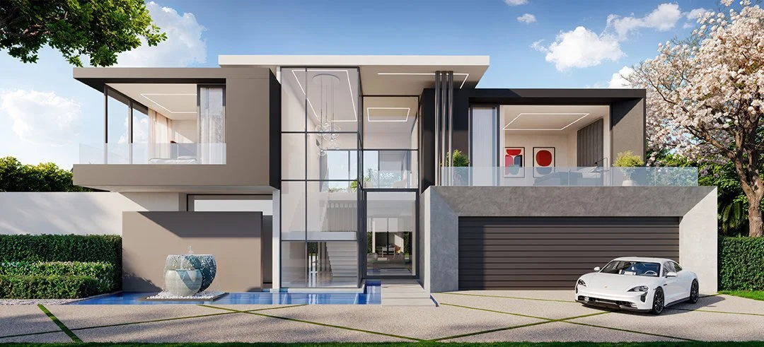 Modern two-story house with large glass windows, a garage with a white sports car, and a small water fountain at the front. The house features flat rooflines, deck balconies, and a landscaped yard with trees and shrubs.