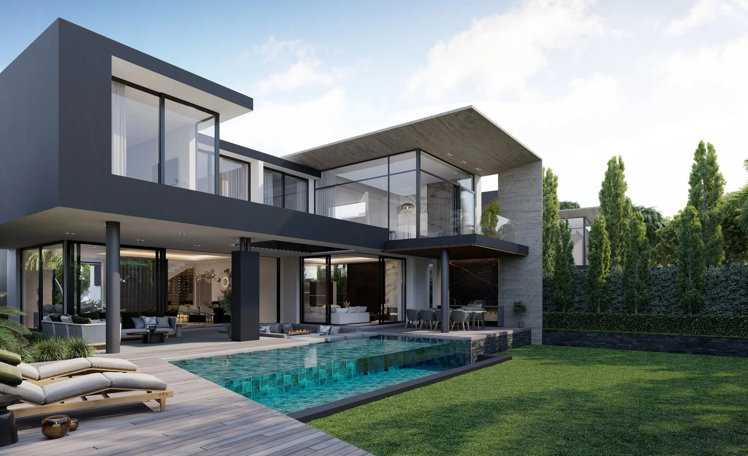The Hyde Park: Modern two-story house with large glass windows, outdoor pool, and patio area with lounge chairs and seating, surrounded by greenery and tall trees.