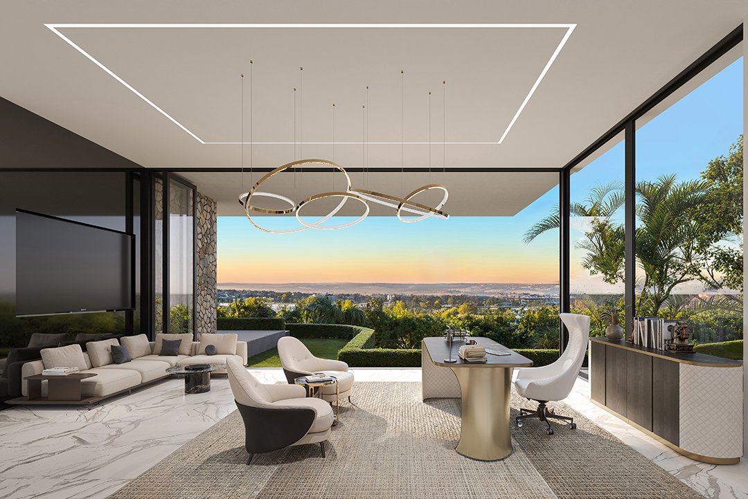 Modern living room with large floor-to-ceiling windows, a white marble floor, and a scenic view of greenery and a sunset. The room features a beige sectional sofa, white chairs, a sleek desk with a white office chair, decorative books, and a contemporary chandelier.