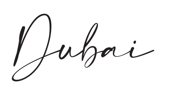 Dubai logo in black cursive script