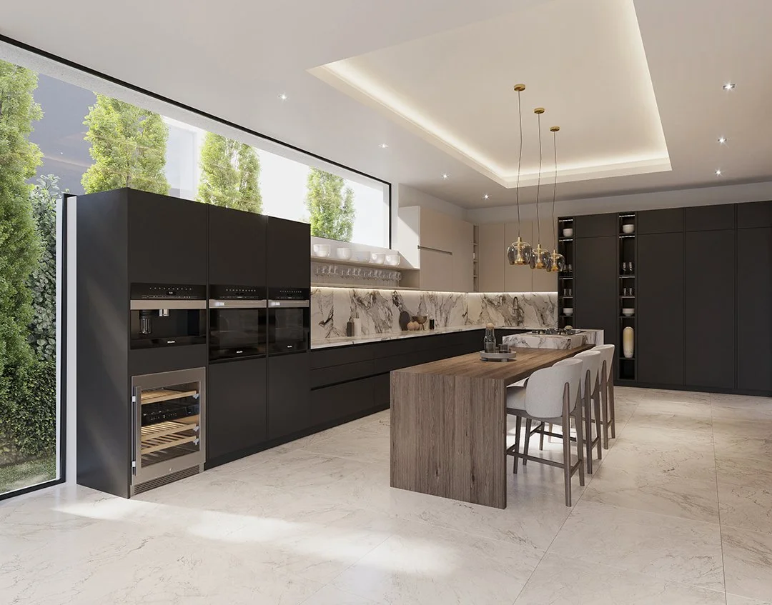 Modern kitchen with black cabinets, marble backsplash, wooden island, and open shelving, illuminated by recessed and pendant lighting, with large windows showing green trees outside.