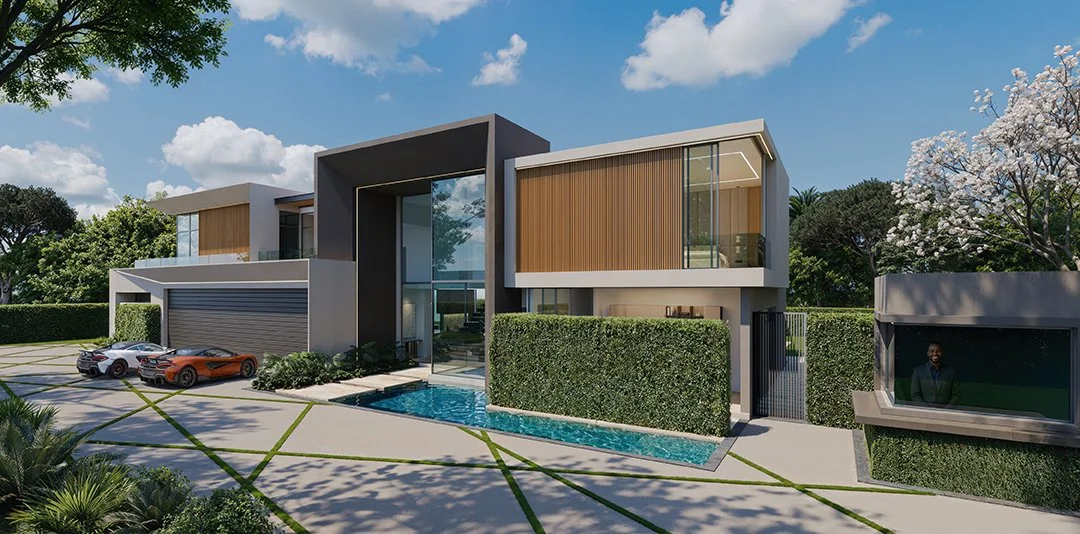 Modern luxury house with glass front, pool, and driveway with sports cars, surrounded by greenery and flowering trees.