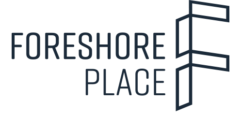 Foreshore Place logo with text and abstract building graphic.