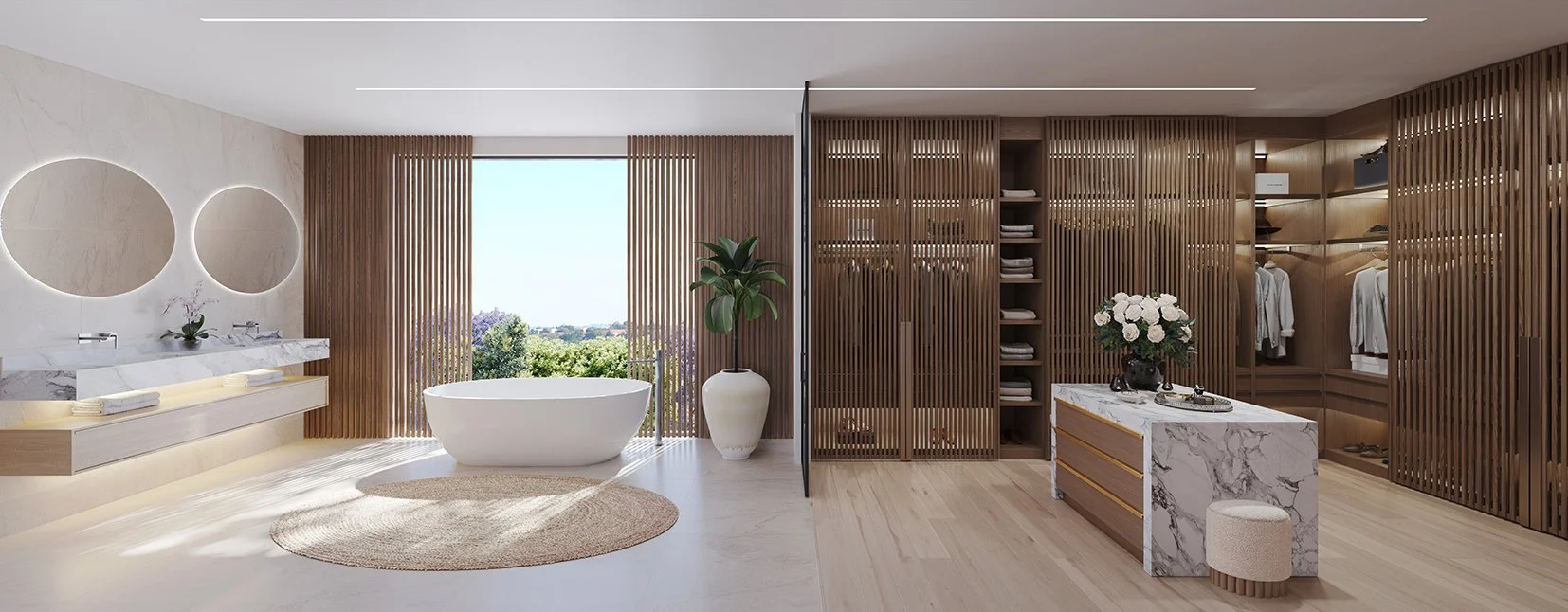 Modern bathroom with a freestanding bathtub, large window, wooden slats, and a walk-in closet with clothes storage