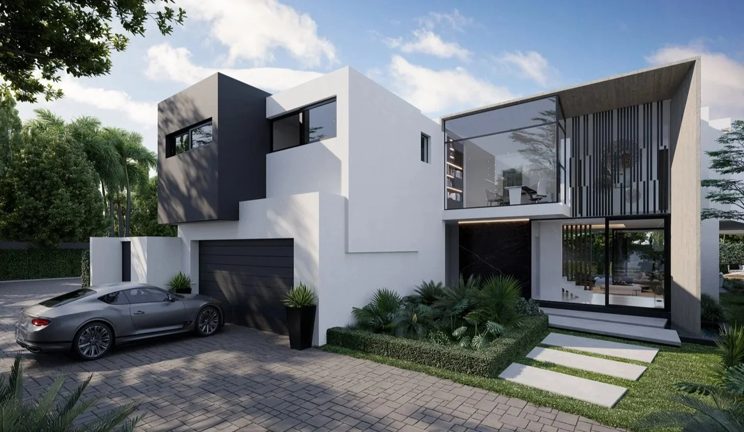The Hyde Park: Modern two-story house with a sleek black and white exterior, large glass windows, a driveway with a silver sports car, and landscaped greenery.
