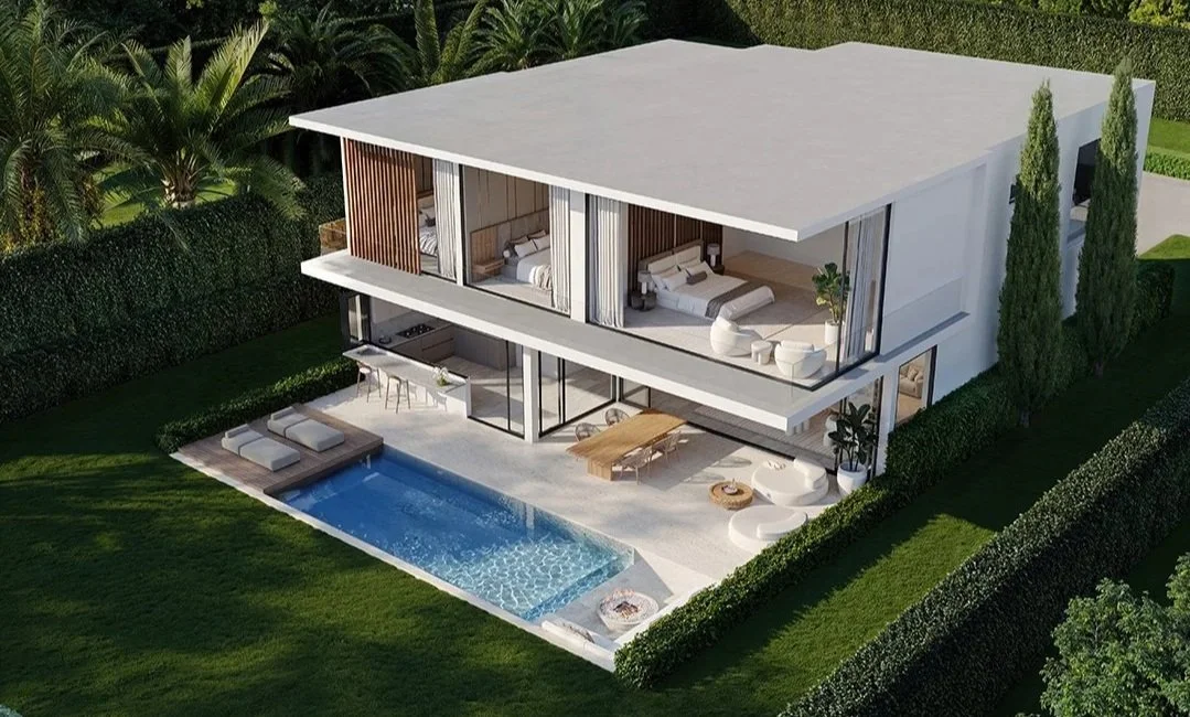 Ladbroke Lane: Modern two-story house with a swimming pool, outdoor seating, and lush greenery.