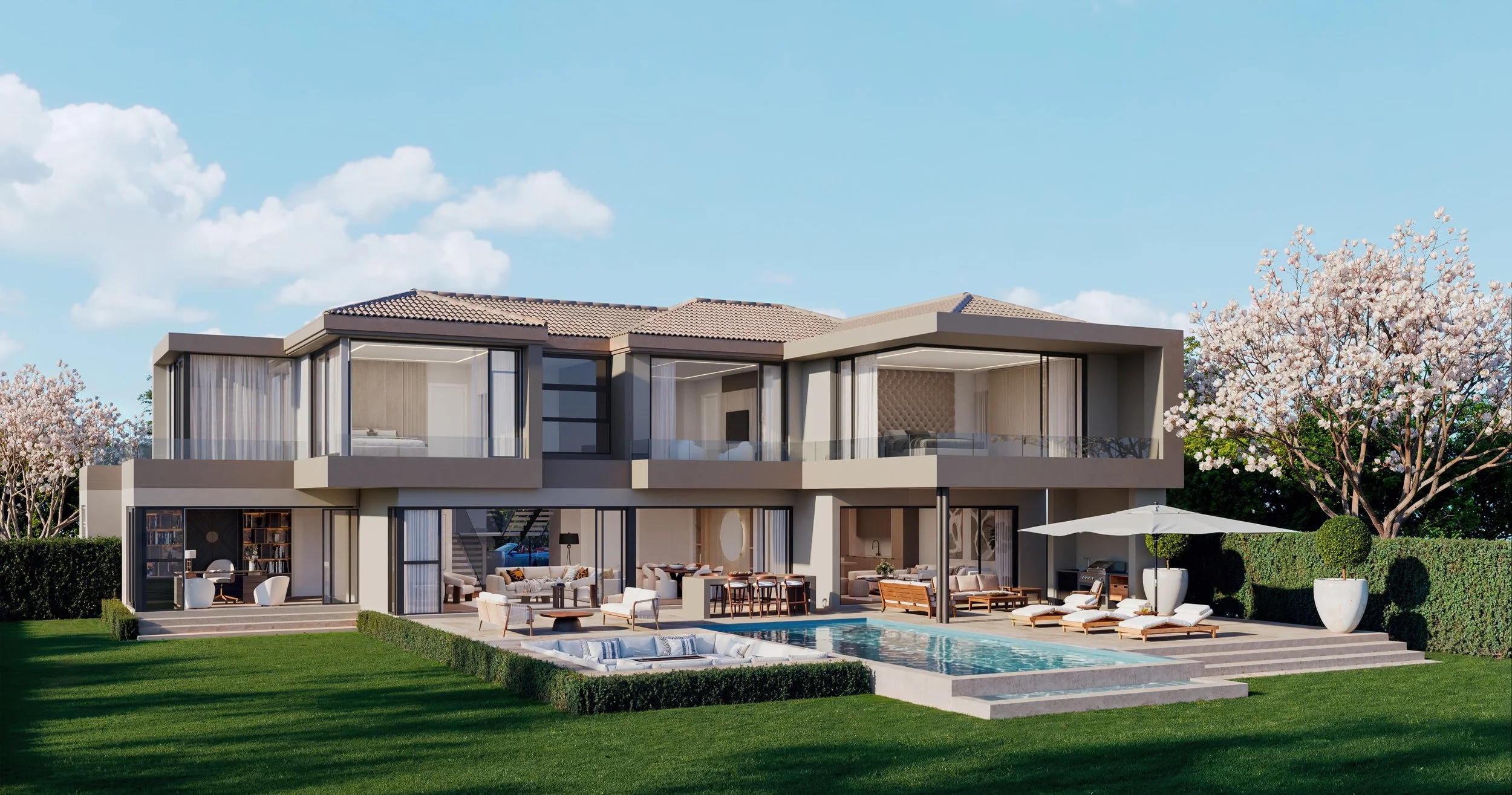 50 Coleraine: Modern two-story house with large glass windows, an outdoor patio with furniture, a swimming pool, and cherry blossom trees in front.