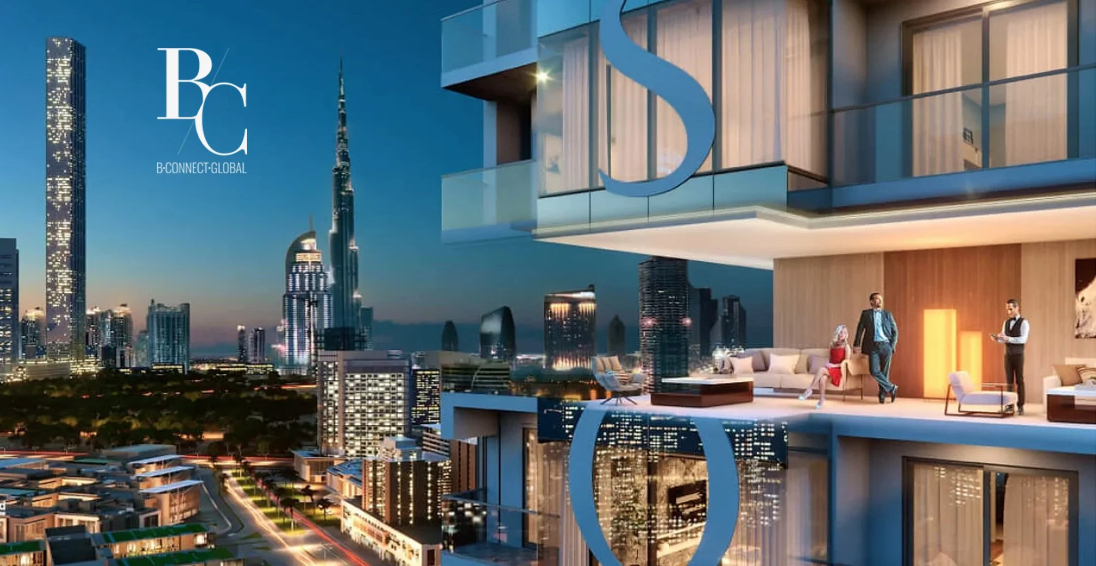 Dubai Balcony of a modern skyscraper with a city skyline at dusk, including tall illuminated buildings and a clear evening sky.