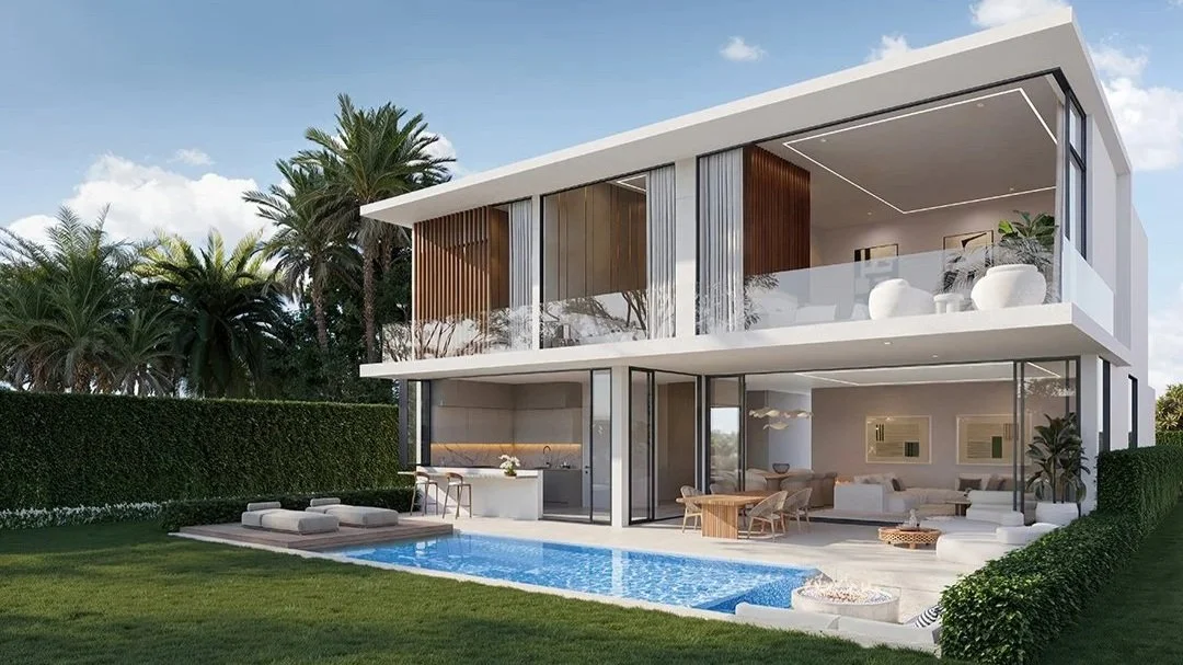 Modern two-story house with large glass windows, overlooking a backyard with a swimming pool, outdoor seating, and lush palm trees.