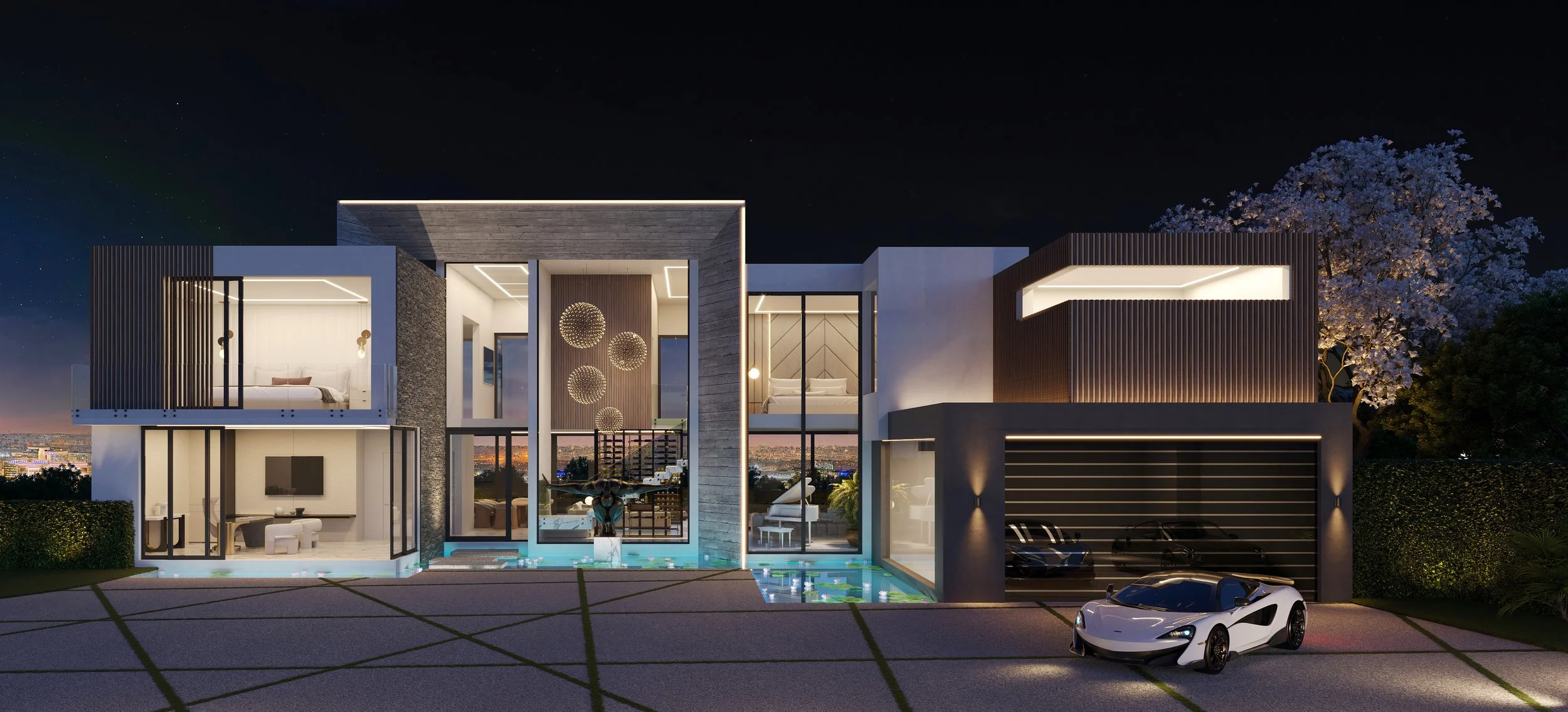 Benmore Villas Modern house with large glass windows illuminated at night, featuring a swimming pool, luxury cars parked in the driveway, and a blooming tree nearby.