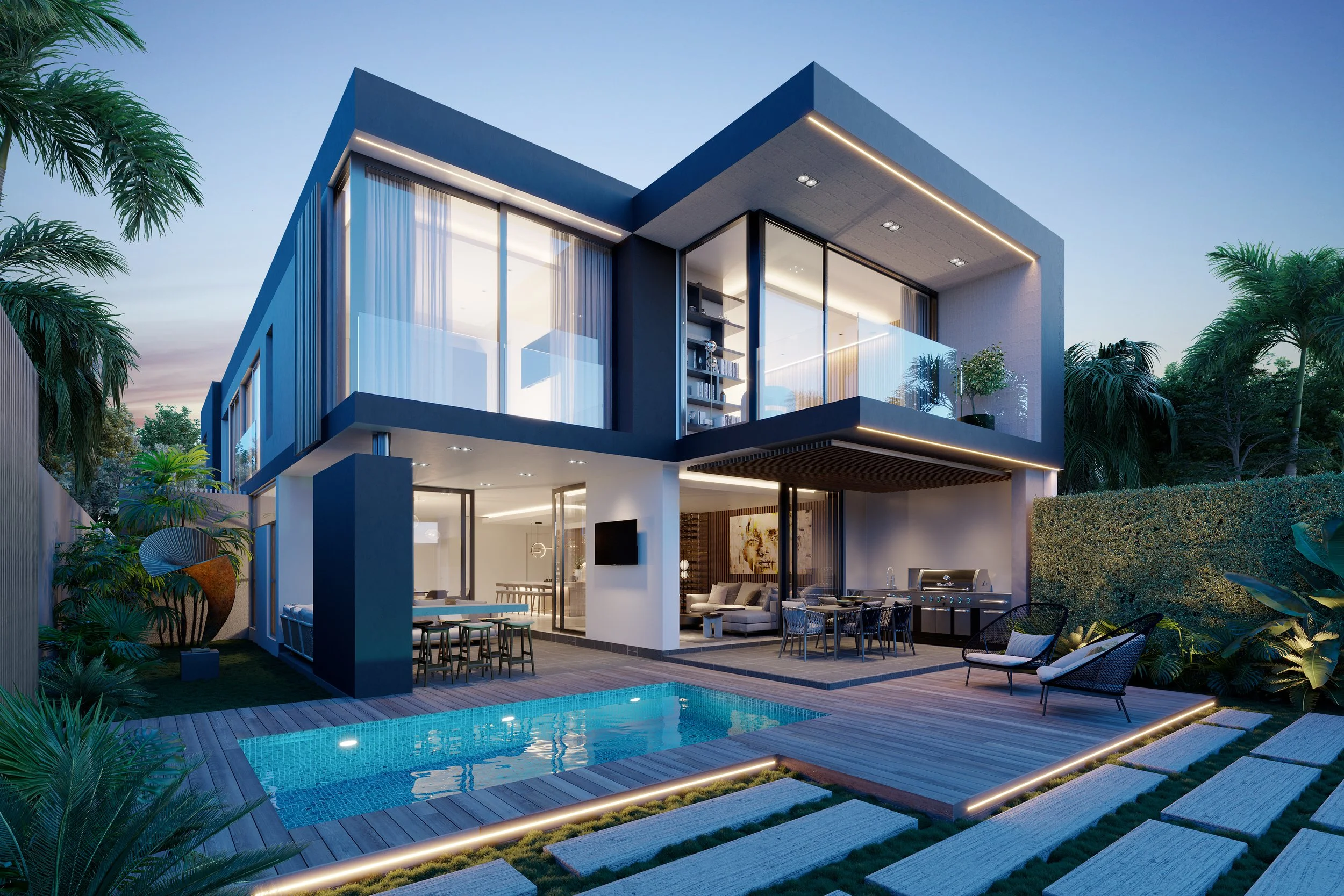 Ladbroke Lane Modern two-story house with large glass windows, outdoor furniture, a swimming pool, and lush greenery, illuminated by exterior lighting at dusk.