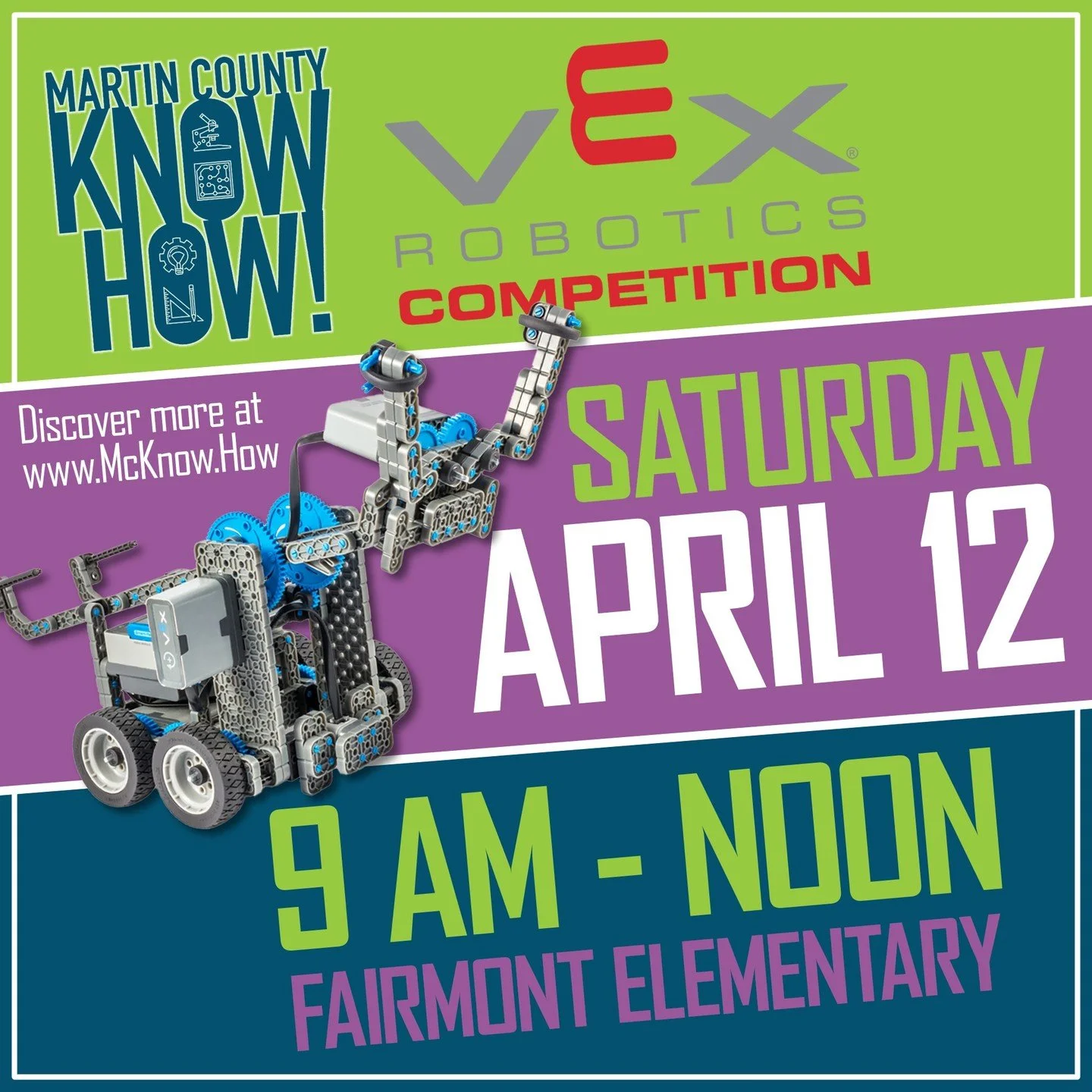 THIS SATURDAY MORNING -- Our spring robotics competition for 3rd &amp; 4th graders from all over Martin County is coming to Fairmont Elementary School! 

Visit McKnow.How/calendar for event details plus a video of last year's competition! #VEXIQ #rob