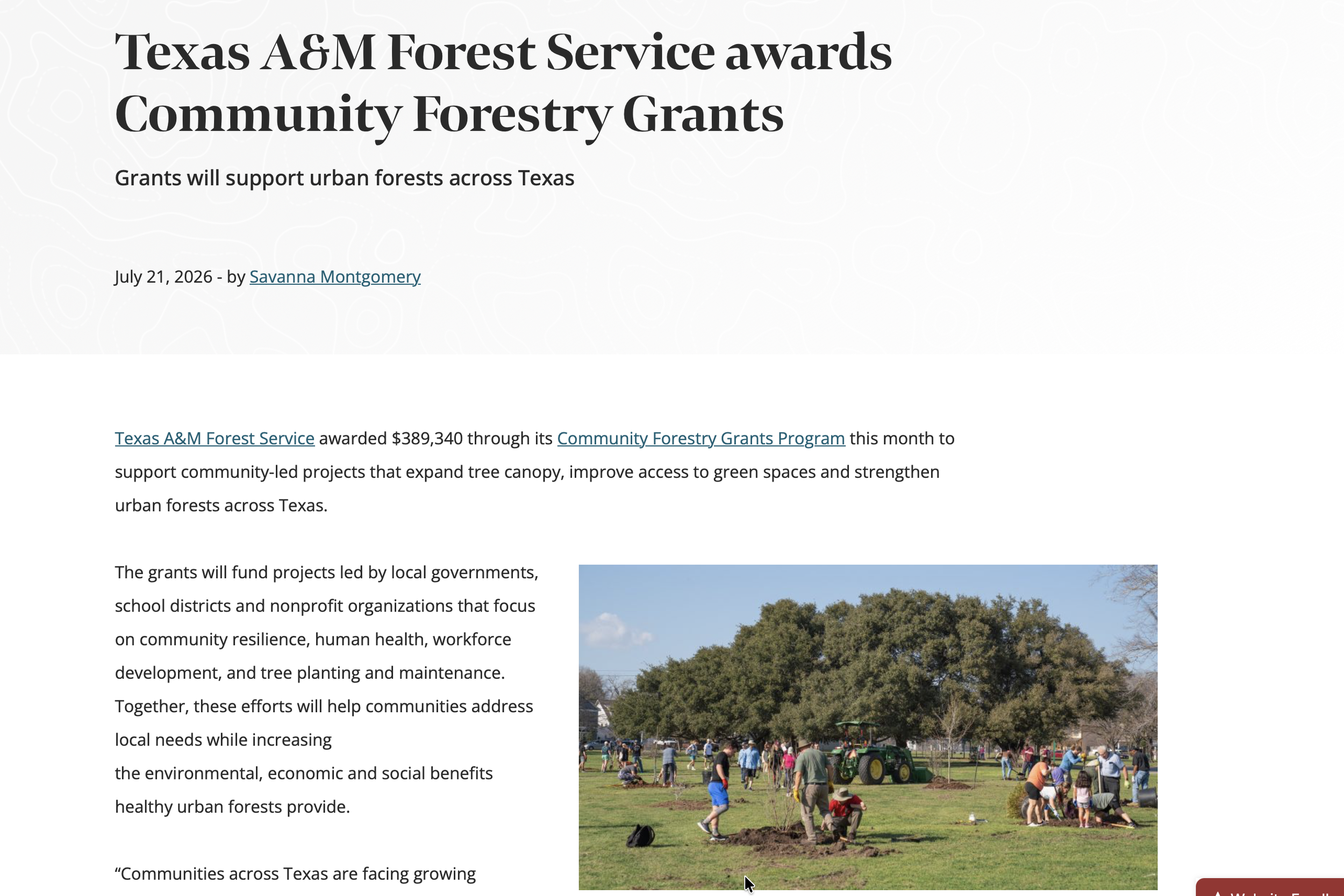 Agrilife Today: Texas A&M Forest Service awards Community Forestry Grants