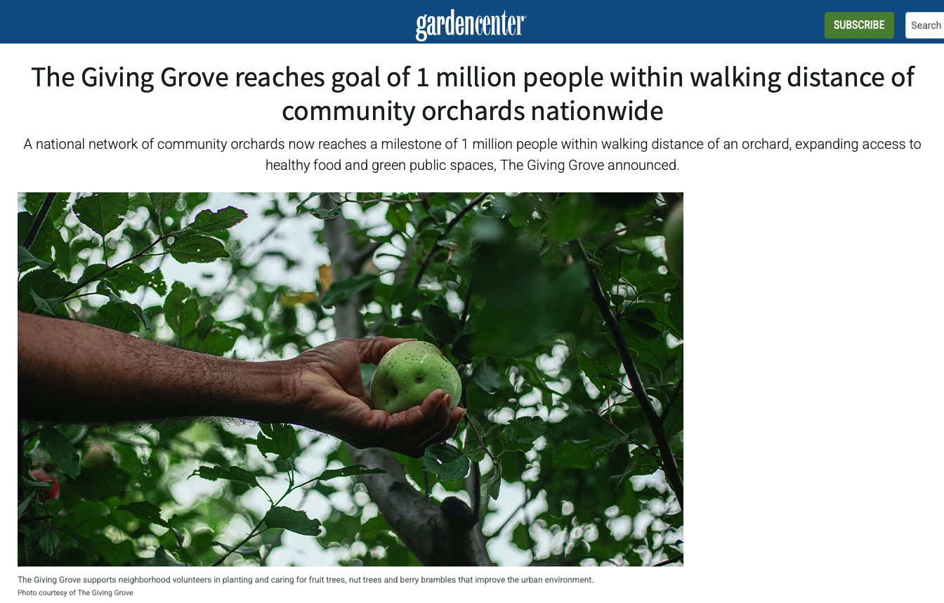 Garden Center Magazine: The Giving Grove reaches goal of 1 million people within walking distance of community orchards nationwide