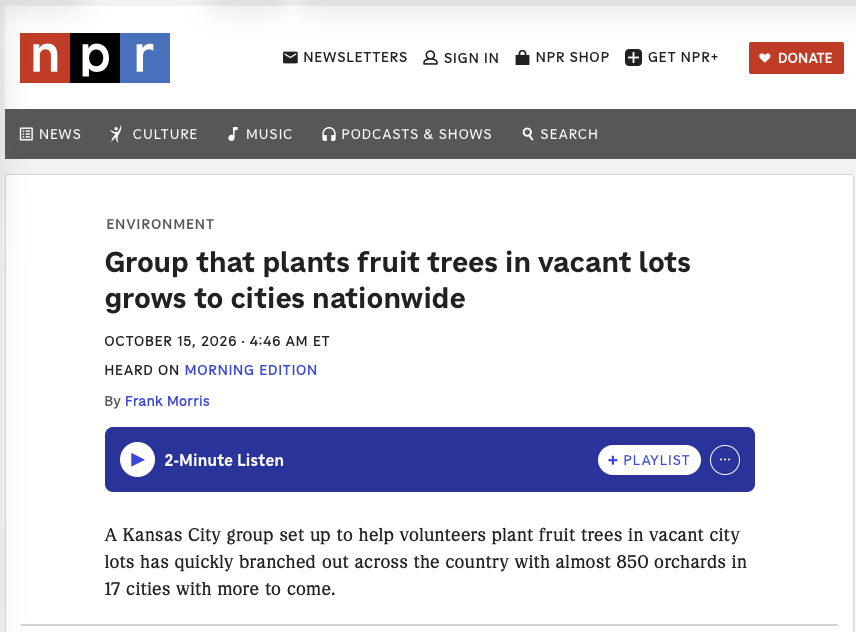NPR: Group that plants fruit trees in vacant lots grows to cities nationwide