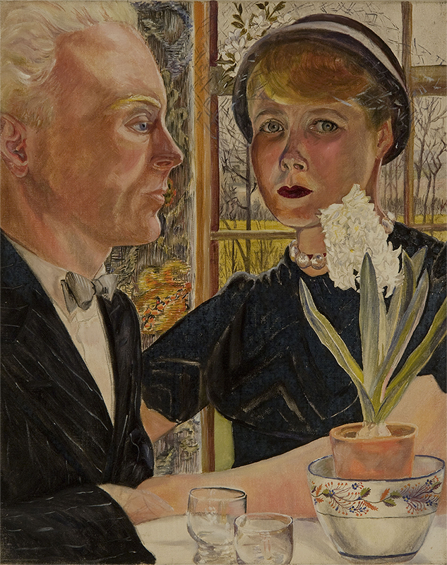  Sylvia Sleigh in a black dress and hat and Lawrence Alloway in a suit at a café 