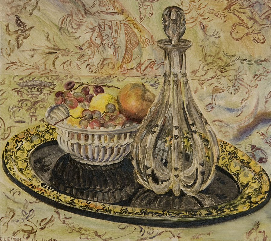  Still life of a vase and a bowl of fruit on a reflective tray against a patterned background 